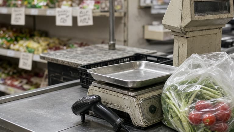 Grocery checkout scanner and worn produce scale at a small neighborhood store, fluorescent aisle lighting, handwritten price tags blurred, no logos or readable text