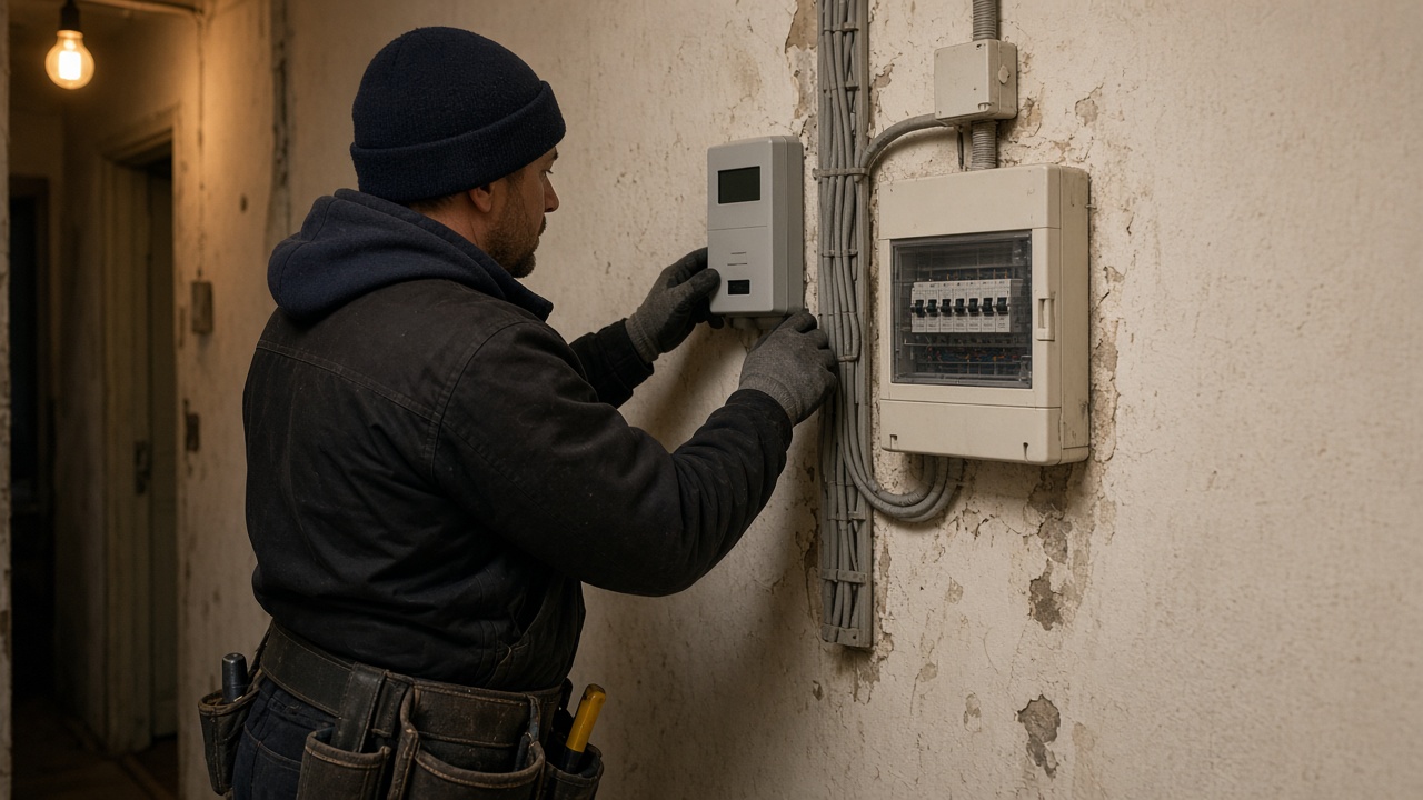 Electrician fitting a wall-mounted smart meter beside a consumer unit in a terraced house hallway, warm tungsten bulb, chipped plaster, cables in trunking, display without readable digits, no logos