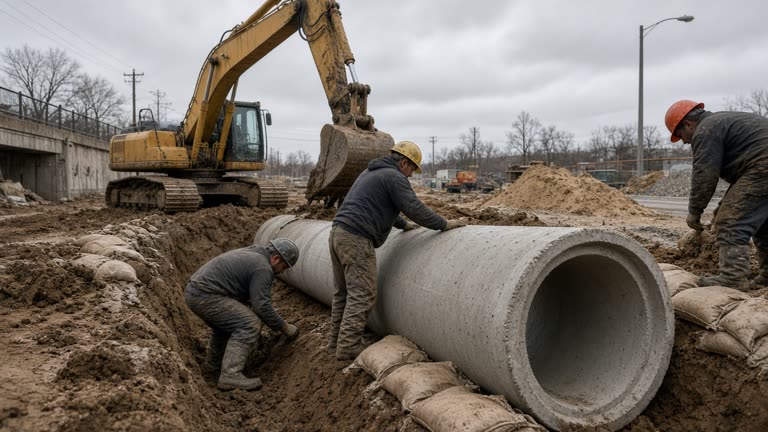 Workers installing large storm culvert pipes at a muddy urban drainage upgrade site under overcast skies, excavator and sandbags, no logos or readable text