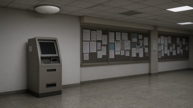 Municipal lobby with a self-service government kiosk and ceiling-mounted Wi-Fi access point, muted tile floor and bulletin boards with blurred papers, no logos or readable text