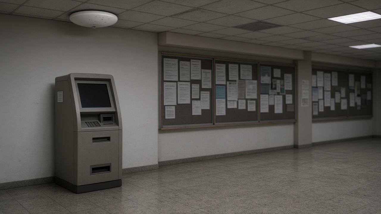 Municipal lobby with a self-service government kiosk and ceiling-mounted Wi-Fi access point, muted tile floor and bulletin boards with blurred papers, no logos or readable text