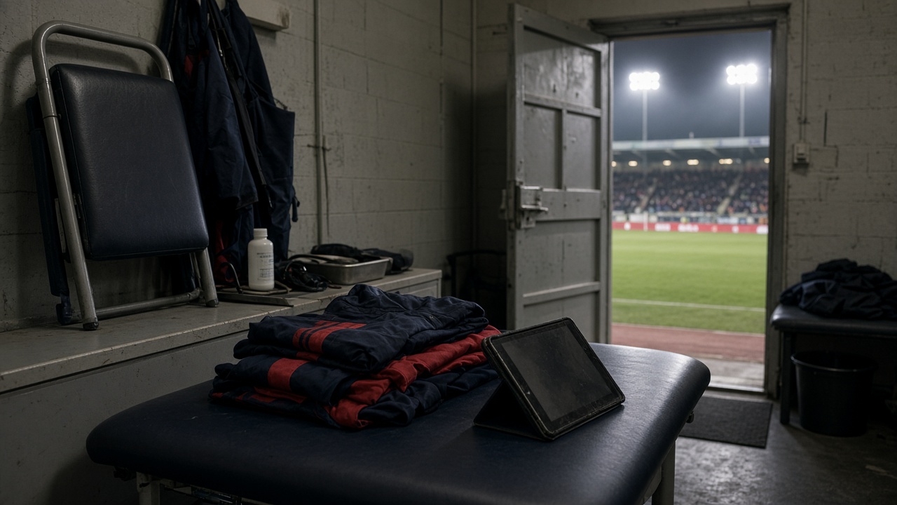 Football touchline medical room with folded club tracksuits and concussion assessment tablet on treatment table, stadium floodlights through open door, no logos or readable text