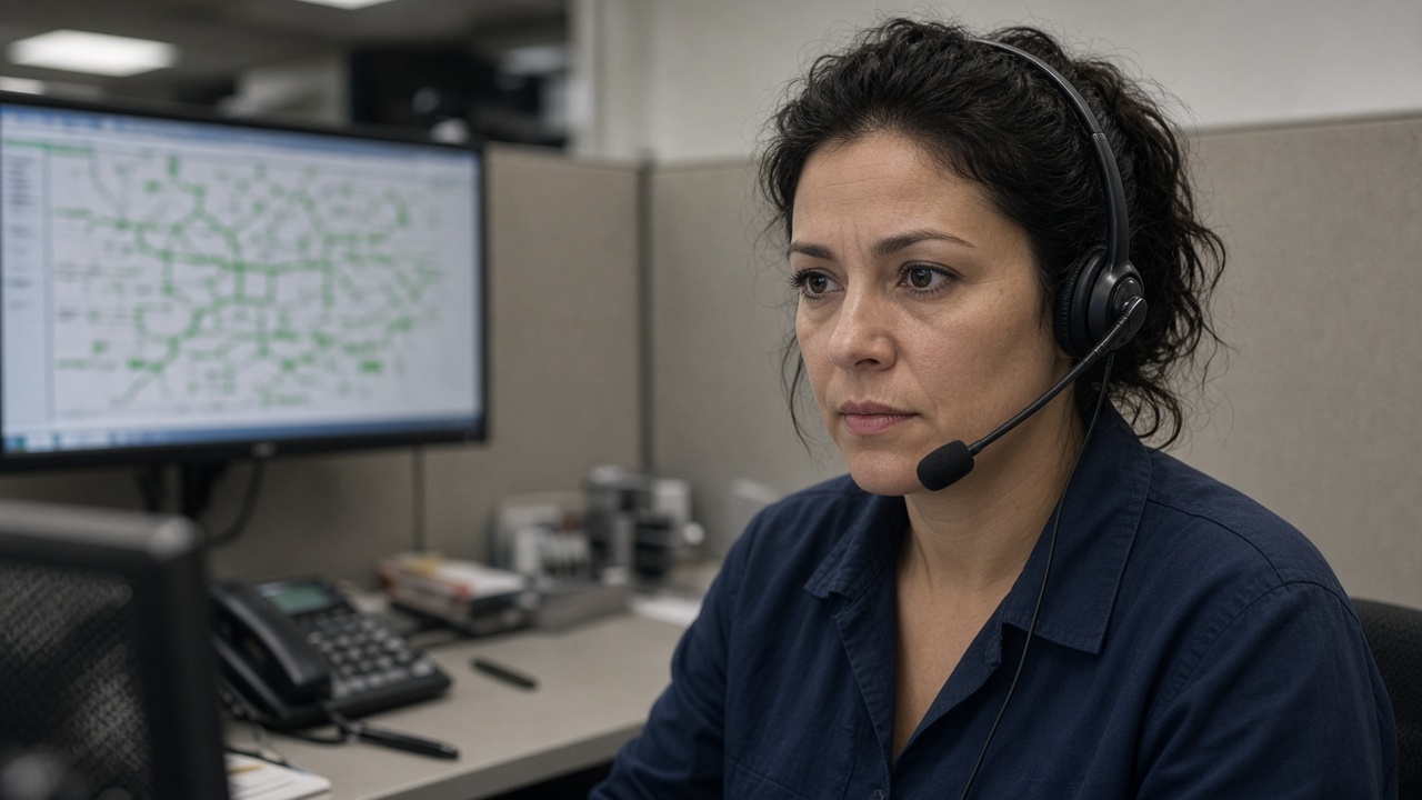 Utility company call-centre worker wearing a headset at a cubicle with dim overhead fluorescent light, power grid schematic blurred on wall monitor, no logos or readable text