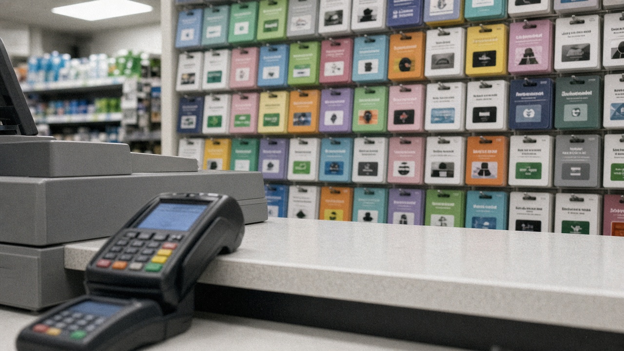 Convenience store checkout counter with a blurred gift-card display rack and payment terminal under flat white LED lighting, no logos or readable text