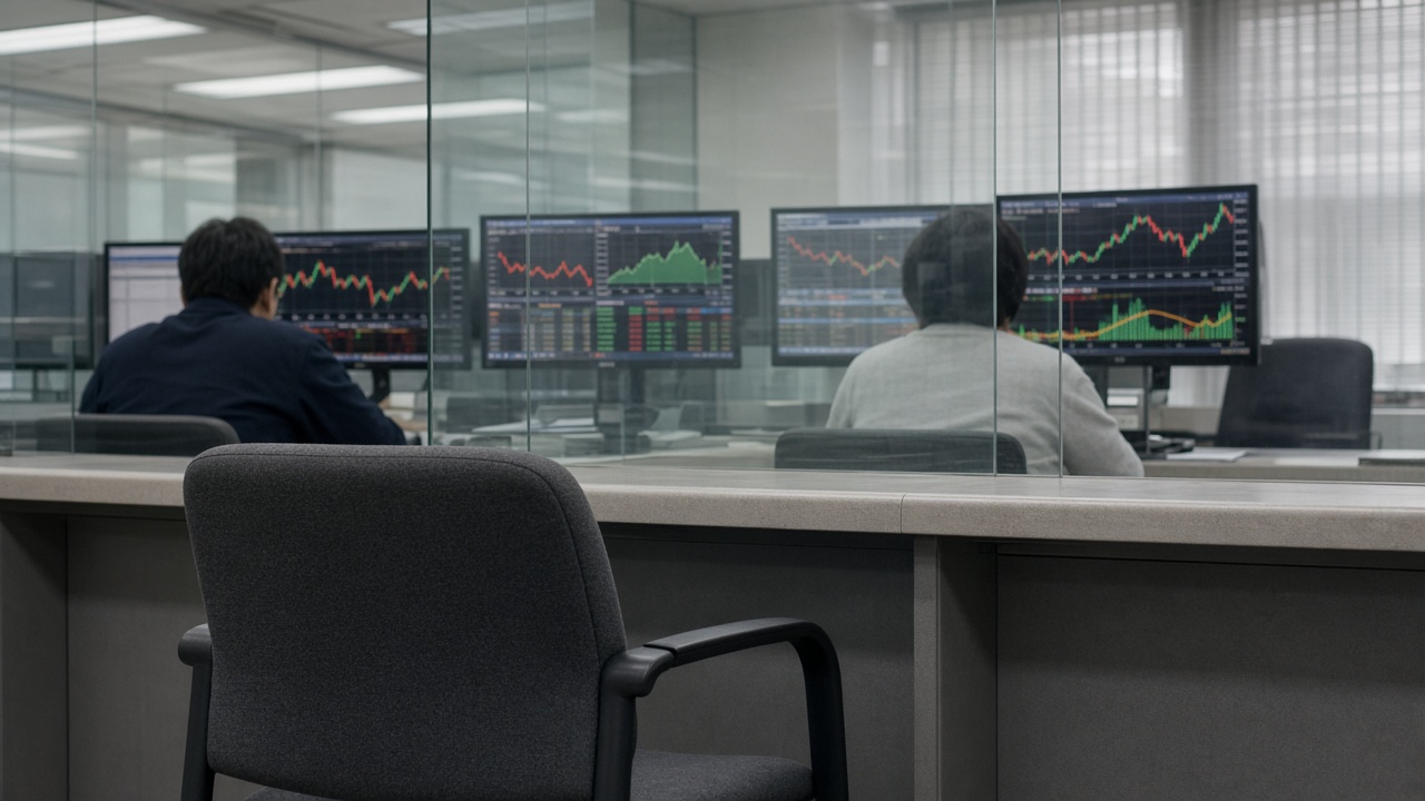 Bank wealth advisory counter in Taipei with glass partitions and market monitors showing charts without readable text, afternoon office light, no logos