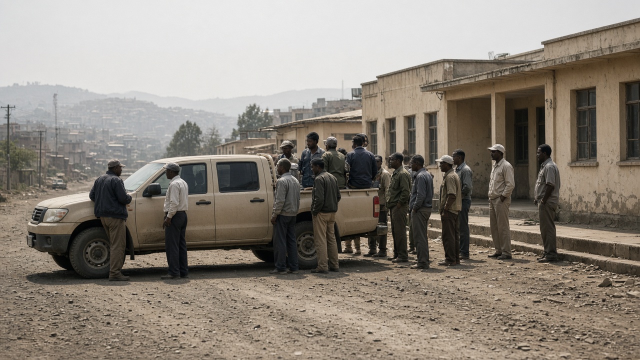 Dusty road outside a low government building in Addis Ababa at midday, soldiers and civilians in plain clothes clustered near a pickup truck, hazy sky, no flags or readable signage, wire-photo grain