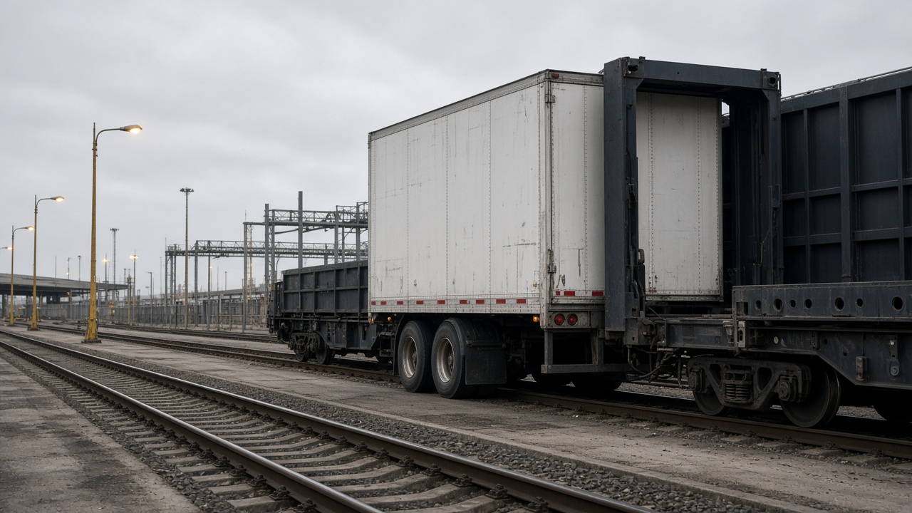 Eurotunnel freight terminal loading bay with refrigerated lorry backed to shuttle wagon, overcast Kent sky, sodium yard lights, no logos or readable text