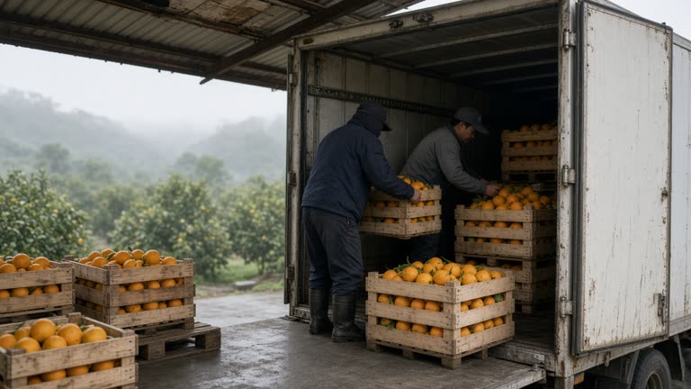 Workers loading wooden crates of oranges into a refrigerated truck at a Taiwan citrus packing shed, humid morning light and orchard rows in background, no logos or readable text