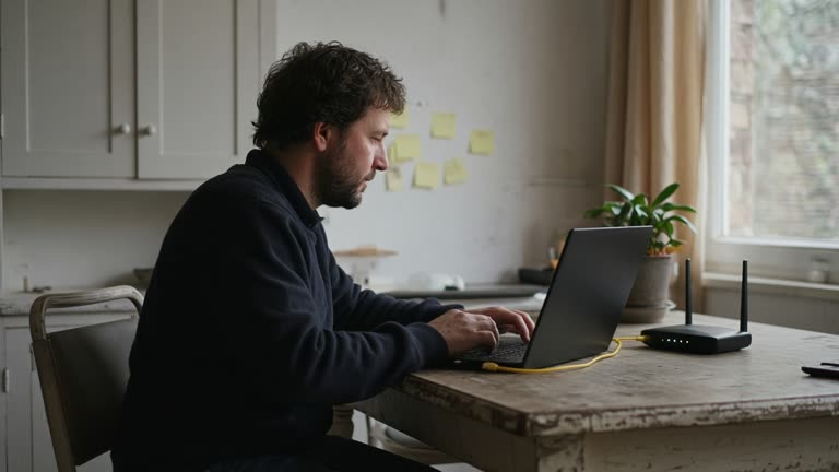 Remote worker at a kitchen table laptop with Ethernet cable to a home router, afternoon window light, sticky notes on the wall without readable text, shallow depth, no logos or readable screen content