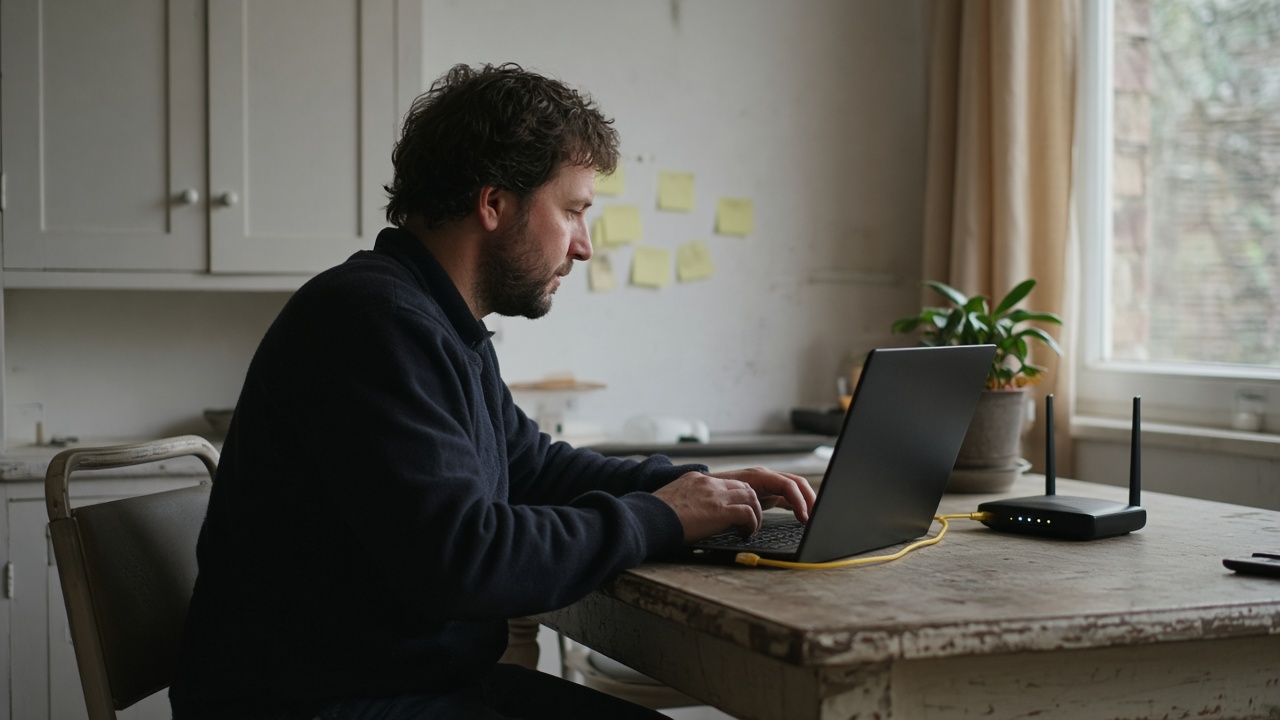 Remote worker at a kitchen table laptop with Ethernet cable to a home router, afternoon window light, sticky notes on the wall without readable text, shallow depth, no logos or readable screen content