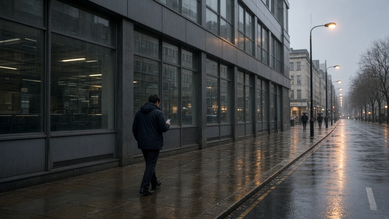 Bristol city centre office block facade in grey rain, commuter reading a phone on wet pavement, blurred handset screen, sodium street lamps reflecting on tarmac, no logos or readable text