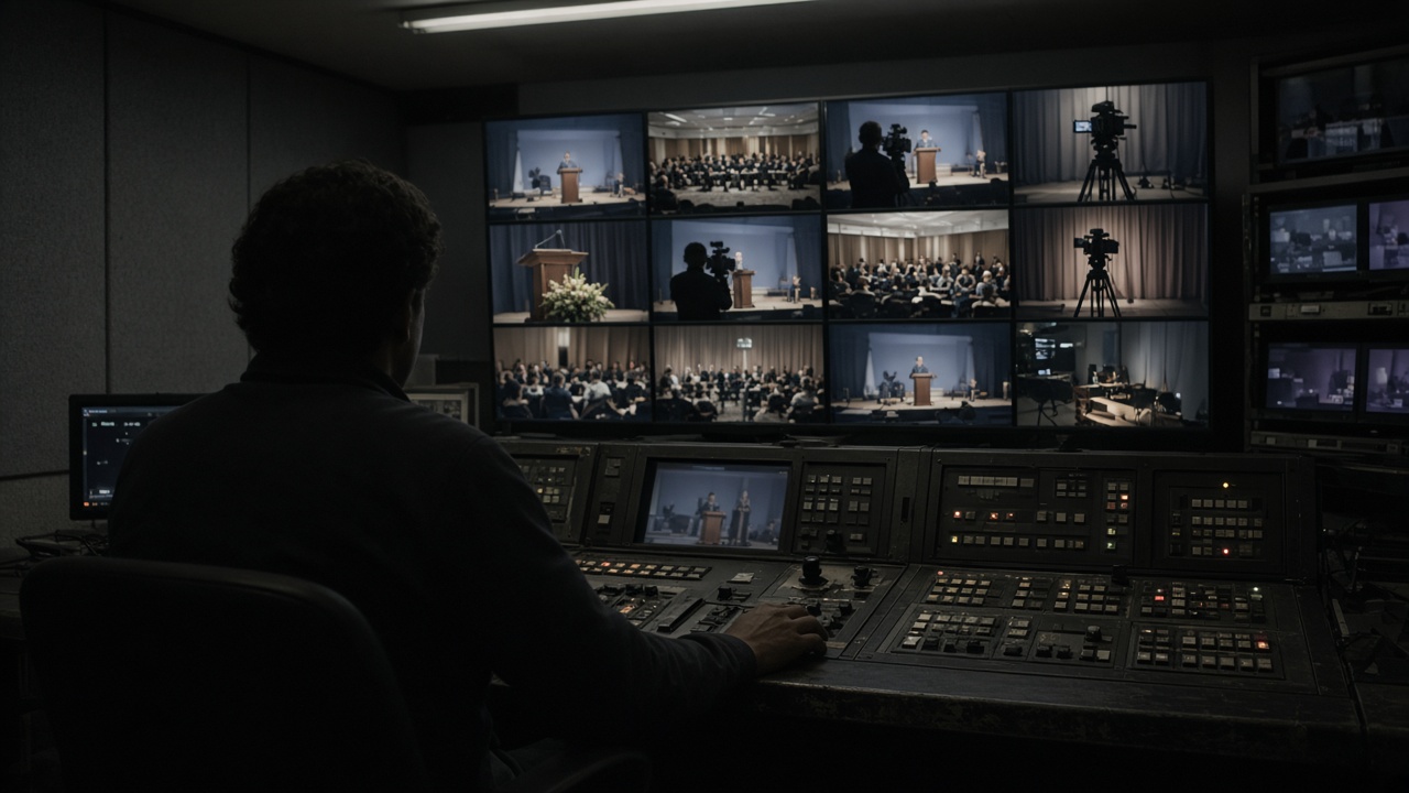 Local TV control room with multiview monitors showing campaign footage, operator silhouette from behind, dim overhead lights, no logos or readable text