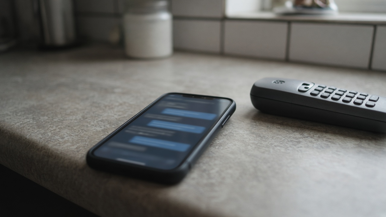 Close view of a smartphone banking chat screen glow on a kitchen table beside a cordless phone, shallow depth of field, no logos or readable text