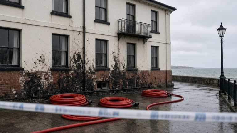 Seaside hotel facade on Marine Parade with fire hoses coiled on wet pavement, scorch marks on lower brickwork, overcast Channel sky, cordon tape blurred and unreadable, no logos