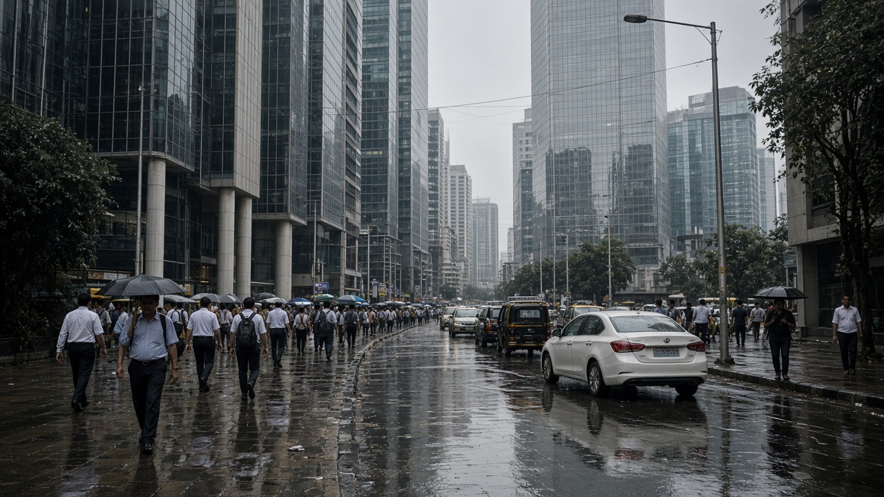Mumbai stock exchange district street with commuters and glass office towers in humid monsoon light, wet pavement reflections, no logos or readable text