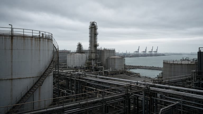Industrial refinery tanks and piping at a coastal petrochemical complex under overcast sky with harbor cranes in the distance, weathered steel and concrete, no logos or readable text