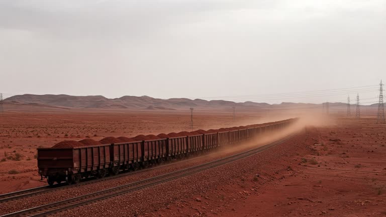 Long iron ore train on a red desert rail line under pale sky, dust trailing from loaded wagons, distant power lines, documentary telephoto framing, no logos or readable text