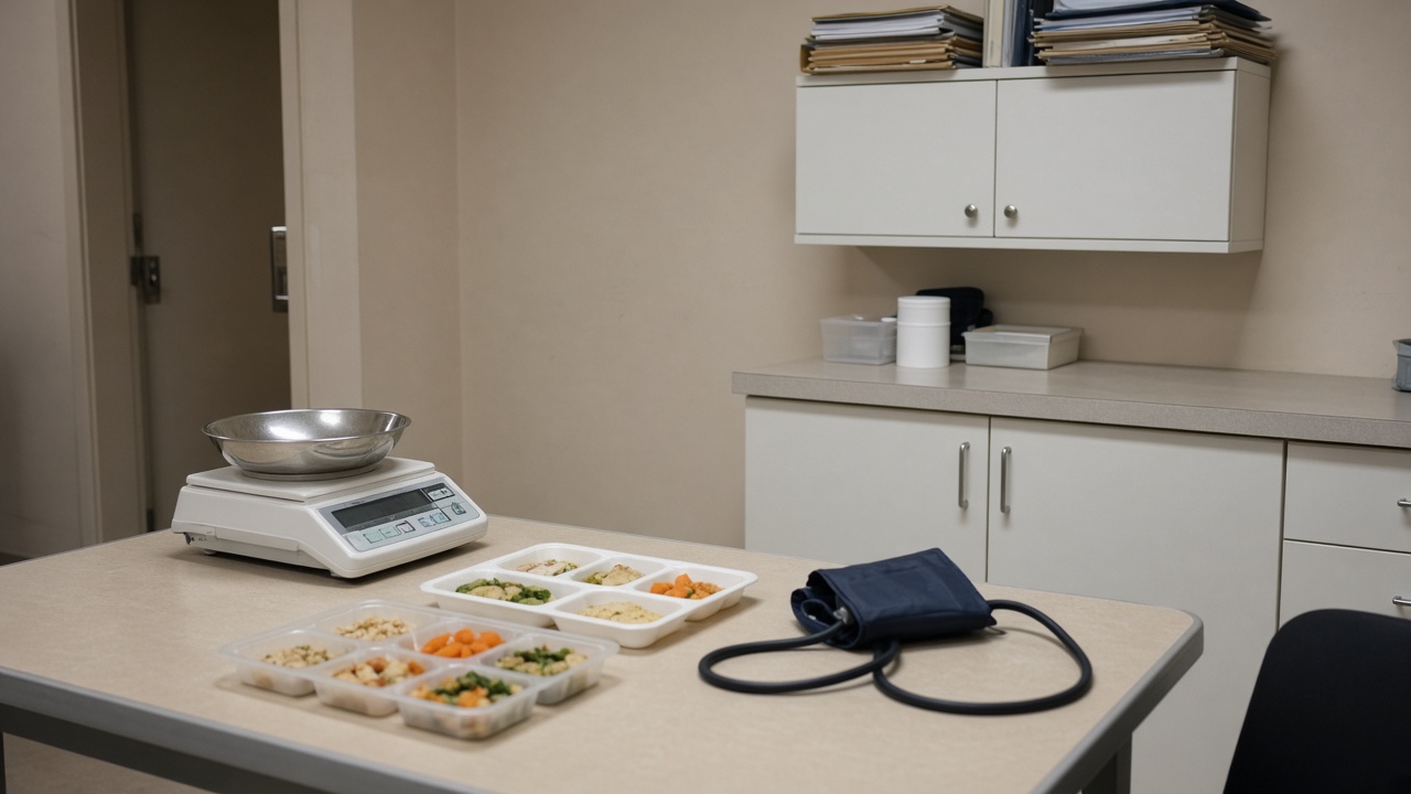 Hospital dietitian consultation room with food scale, printed meal trays, and blood pressure cuff on laminate table under cool fluorescent light, beige walls and stacked folders without visible branding, no logos or readable text