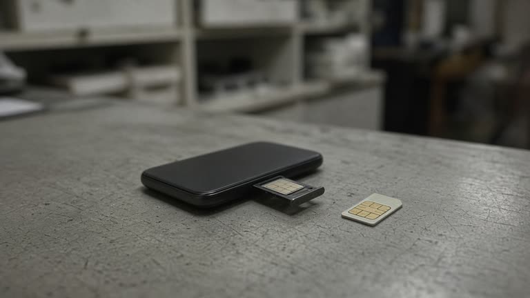 Close-up of a smartphone SIM tray and plastic SIM card on a scratched retail counter under flat fluorescent light, blurred shop interior, no logos or readable text