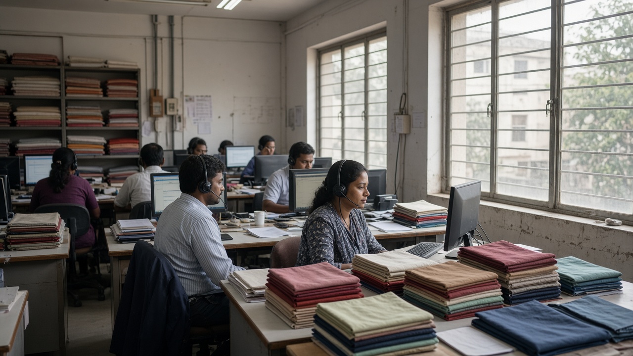 Small export office in Coimbatore with agents wearing headsets at desks and folded fabric samples on shelves, afternoon window light, no logos or readable text.