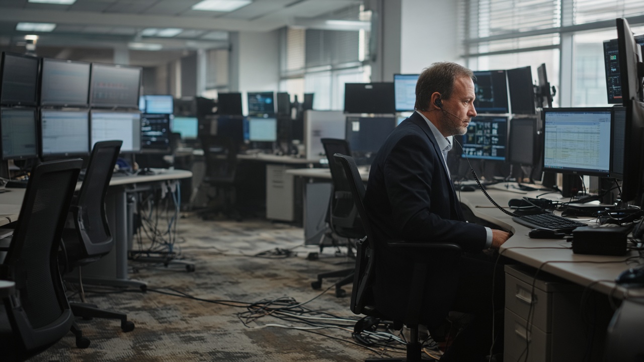 Securities firm trading floor with rows of monitors and a compliance officer wearing a wired headset at a side desk, overhead fluorescents and muted daylight through blinds, scuffed carpet and cable bundles, no logos or readable text