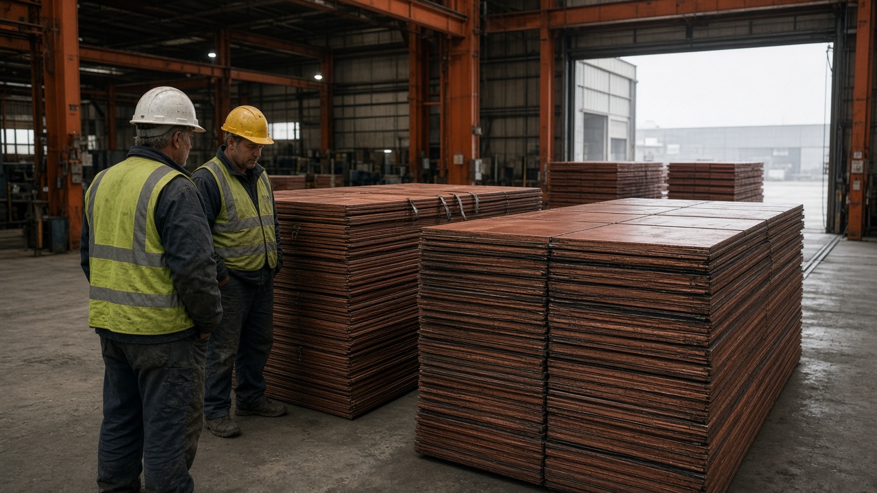 Workers in hard hats beside stacked copper cathode sheets in a warehouse loading bay, overcast light through open doors, orange metal and concrete floor, safety vests without readable badges, no logos or readable text