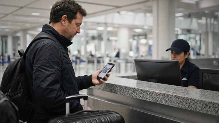 Traveler scanning a QR code on a smartphone at an airport service counter with luggage nearby and diffused terminal ceiling light, no logos or readable text on screens