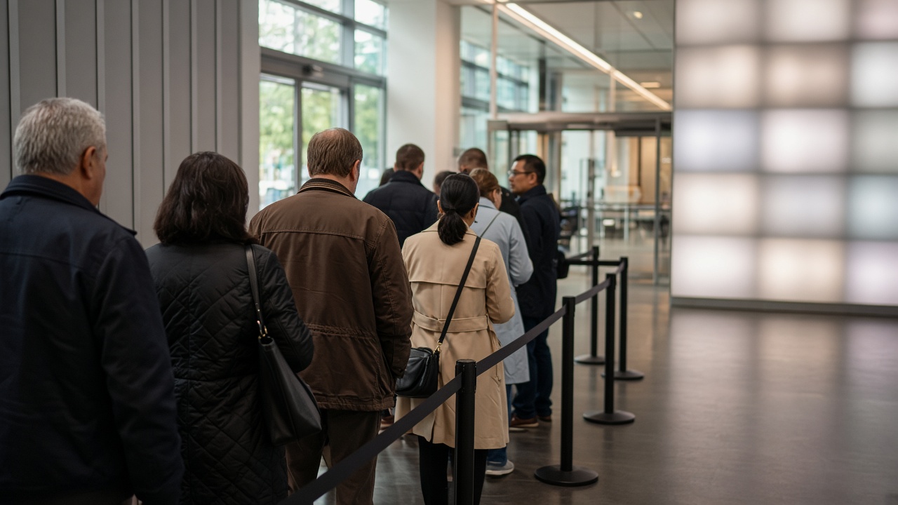 Television studio entrance hall with retractable belt barriers and soft LED wall panels blurred, visitors waiting in line, daylight from glass facade, no logos or readable text.