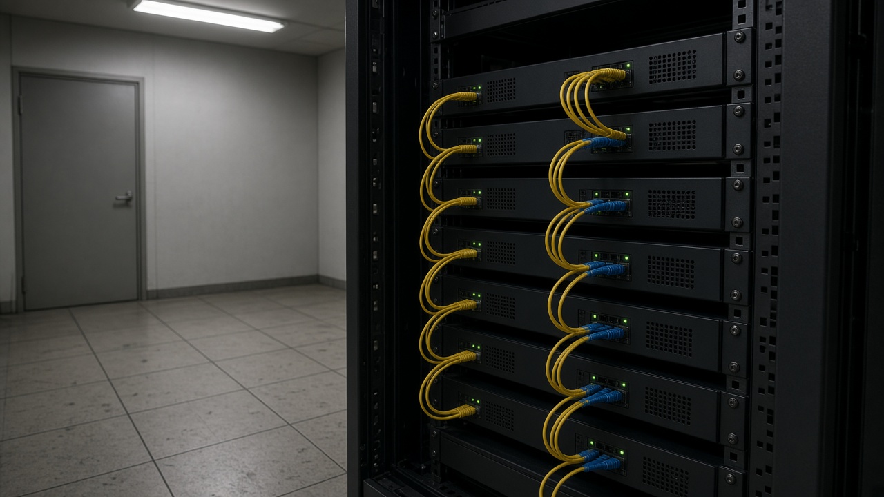 Rack-mounted network security appliances with fiber patch cables in a small server room at an industrial park near Yokohama, fluorescent ceiling light, scuffed gray floor tiles, no logos or readable text