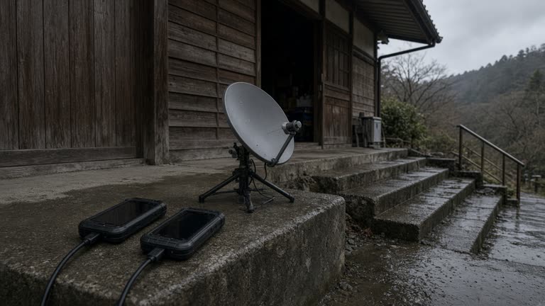 Rugged smartphones charging on a table beside a small satellite dish outside a wooden evacuation center in Shikoku hills, overcast afternoon, rain on concrete steps, no logos or readable text.