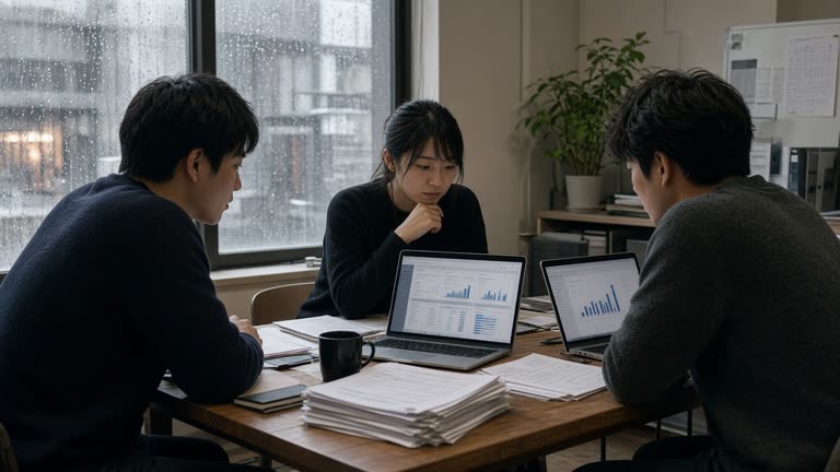 Small fintech team reviewing payroll dashboards on laptops in a Fukuoka coworking space near Tenjin, rainy window light, paper forms stacked on table, no logos or readable text