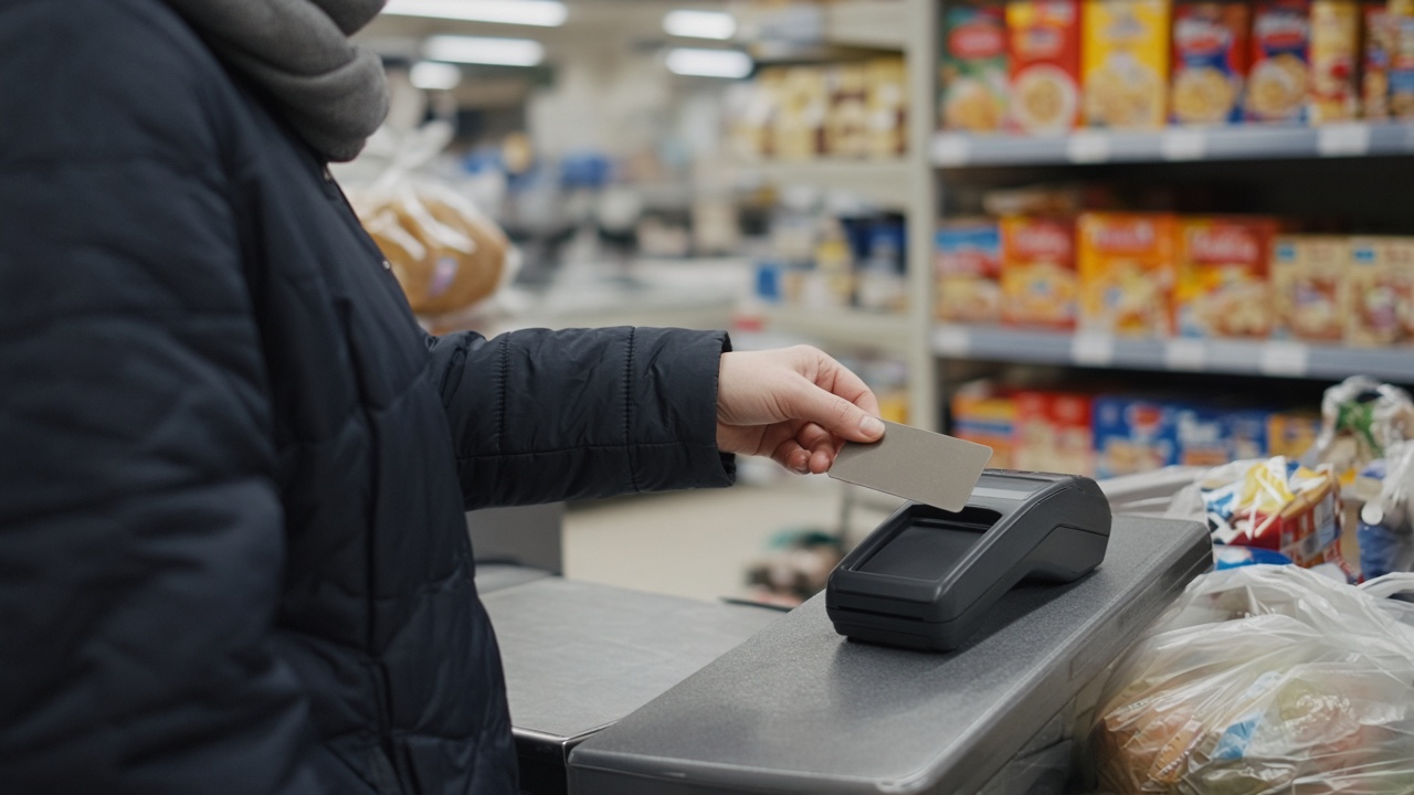 A shopper tapping a generic plastic payment card at a supermarket checkout with blurred cereal boxes and fluorescent aisle lighting, card back facing camera, no logos or readable text