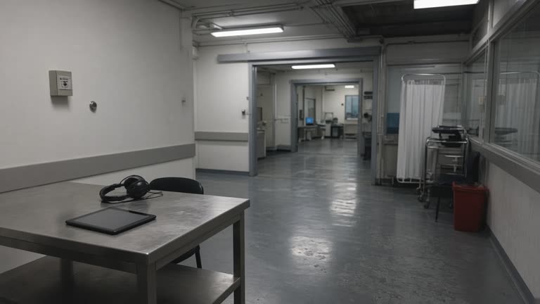 Scottish ambulance station hub interior with an empty triage bay, headset and tablet on a metal desk, fluorescent strip lighting and reflective floor, no logos or readable text