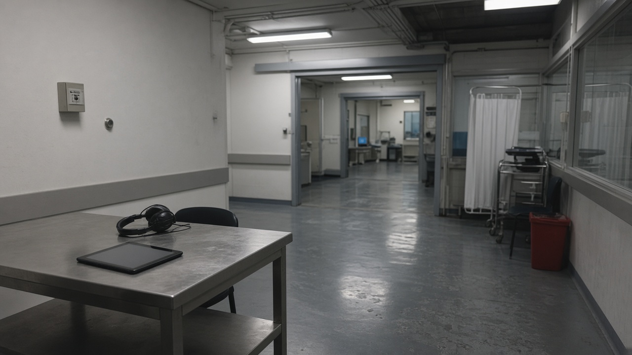 Scottish ambulance station hub interior with an empty triage bay, headset and tablet on a metal desk, fluorescent strip lighting and reflective floor, no logos or readable text