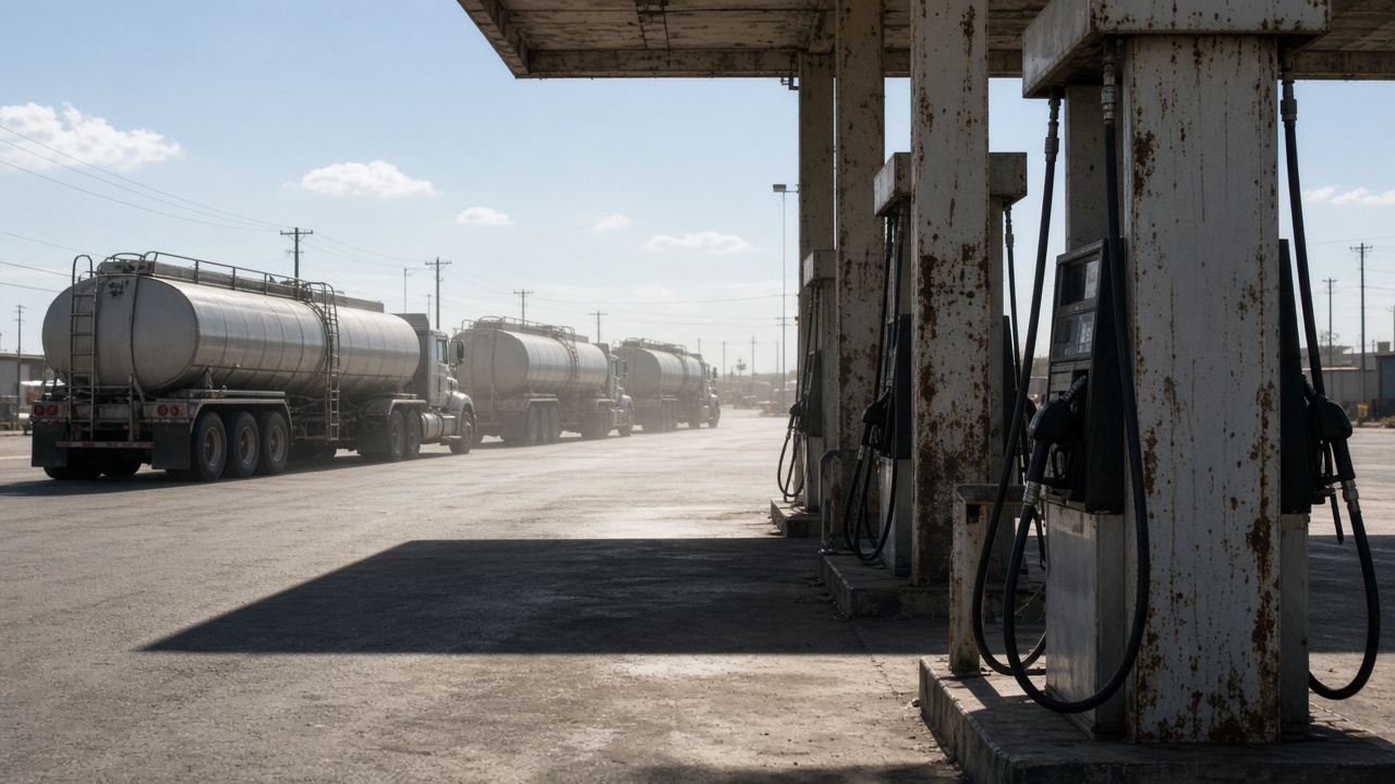 Truck stop fuel pumps under harsh midday sun with tanker trailers queued in the background, faded paint on canopy pillars, heat haze over asphalt, no logos or readable text