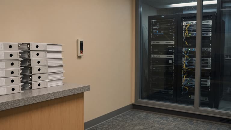 Hospital compliance office with printed model-card binders beside a server rack window, muted carpet and badge reader on the wall, no logos or readable text