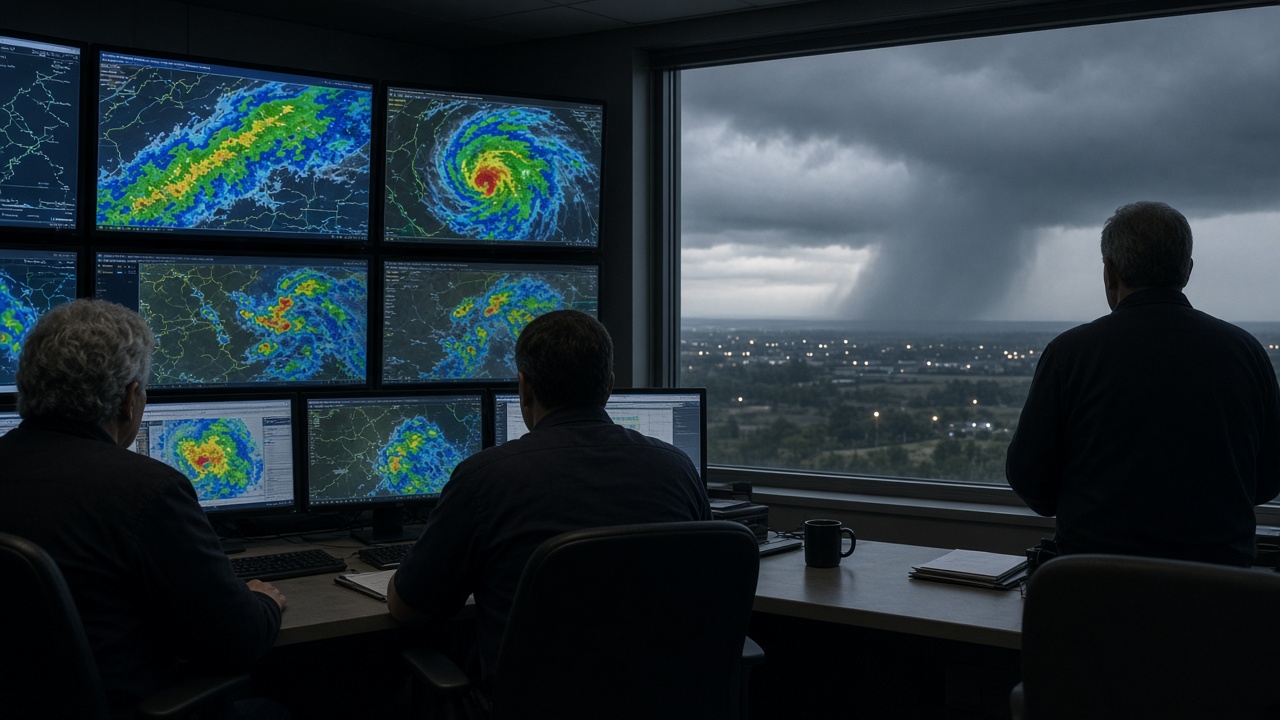 Forecasters in a dim operations room facing radar displays, blue monitor glow on their shoulders, a window showing a distant rain shaft under dark clouds, no logos or readable text