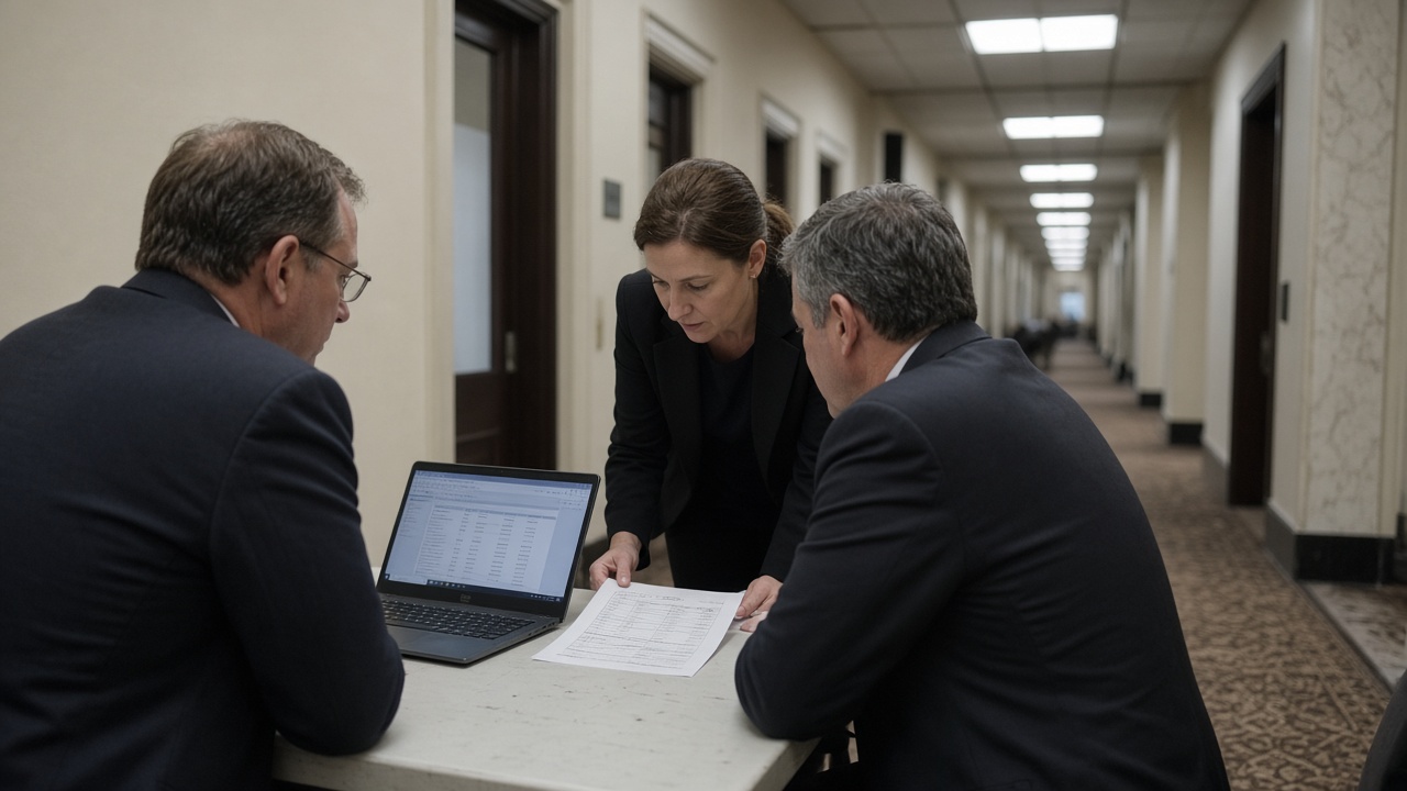 Civil servants reviewing a laptop screen and printed checklist at a long Whitehall corridor desk, fluorescent lighting, muted suits, no logos or readable text.