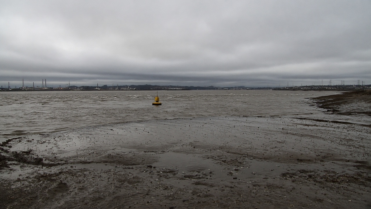 Wide tidal river estuary with muddy banks and distant industrial silhouettes under grey sky, small monitoring buoy on choppy water, documentary framing, no logos or readable text