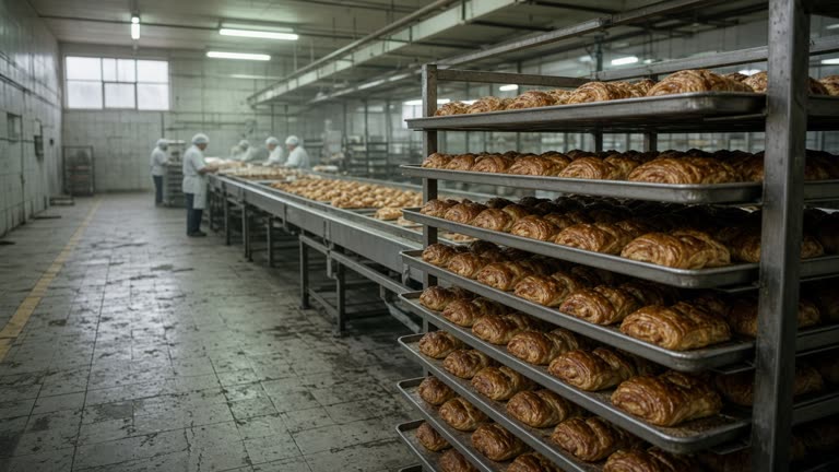 Industrial bakery line with metal trays of pastries under fluorescent lights, workers in hairnets at a distance, scuffed tile floor, overcast daylight through high windows, no logos or readable text