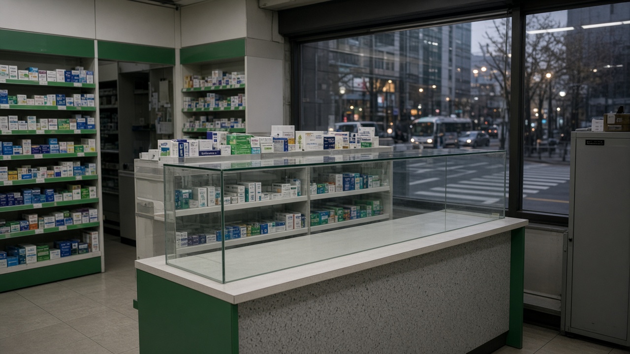 A compact CVS-style pharmacy counter inside a Seoul convenience store with green-and-white shelving and blister packs under glass, evening street light through the shop window on Gangnam Avenue, no logos or readable text.