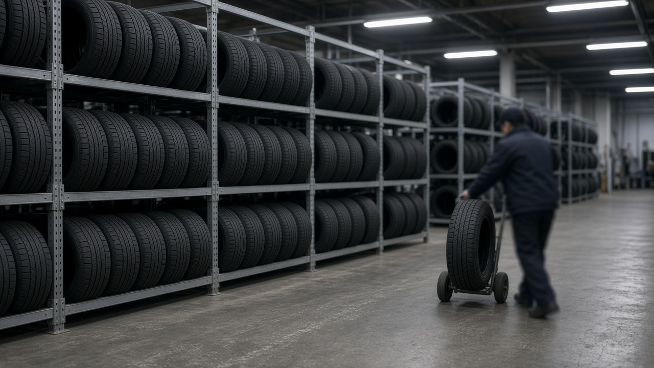 Rows of low-profile EV tires on steel racks inside a Hankook research warehouse in Daejeon with grey concrete floors and overhead fluorescent strips, a technician wheeling a single tire past out of focus, no logos or readable text.