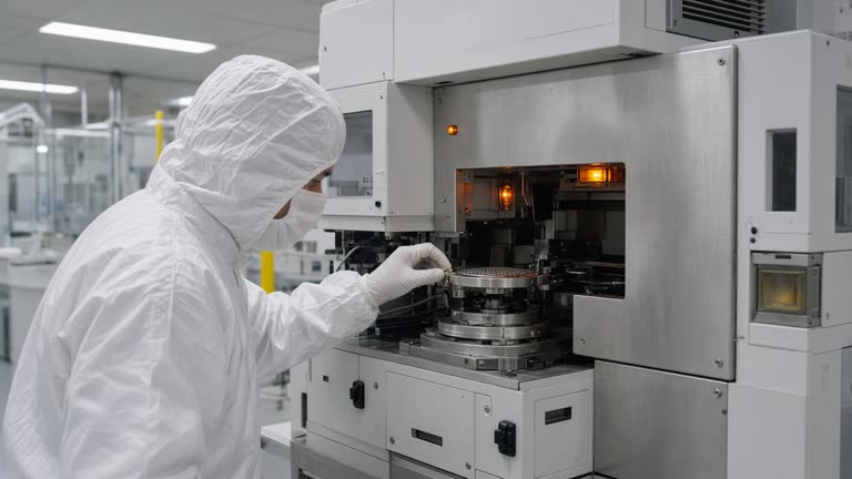 Precision semiconductor bonding tool inside a white clean-room bay, amber status lights on brushed metal panels, technician in bunny suit adjusting wafer chuck, flat fluorescent ceiling panels, no logos or readable text