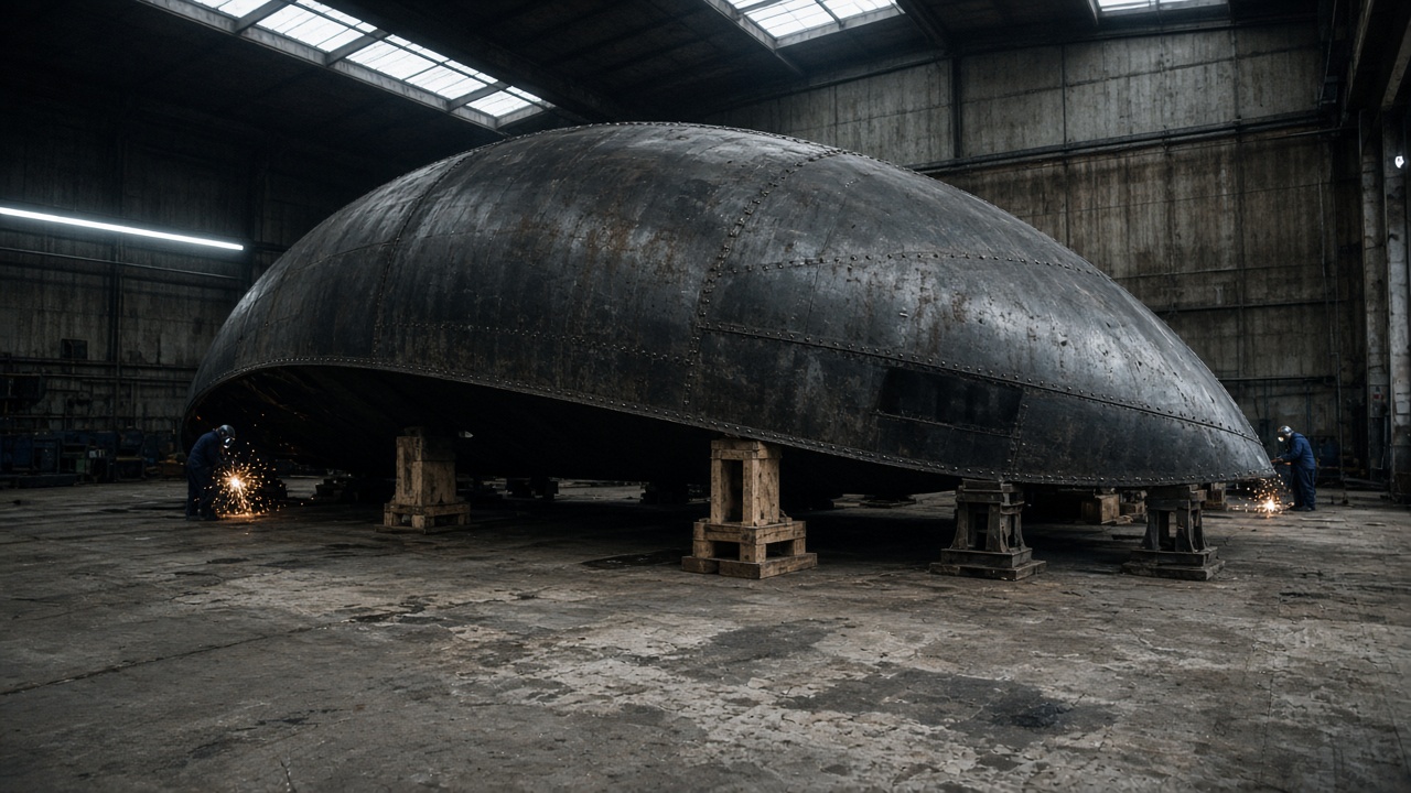 A massive curved steel submarine hull section on supports inside a dim shipyard dry dock, welders in protective gear as distant sparks, cool fluorescent and skylight mix, scuffed concrete floor, no logos or readable text