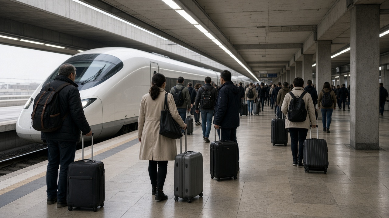 Passengers with rolling luggage waiting on a high-speed rail platform under a concrete canopy, train nose visible at the platform edge, fluorescent platform lighting, no logos or readable text