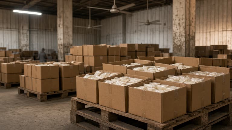 Cartons of wrapped soap bars on wooden pallets inside a humid FMCG warehouse near Ahmedabad, ceiling fans and cardboard dust in warm afternoon light, workers in plain uniforms without readable labels, no logos or readable text