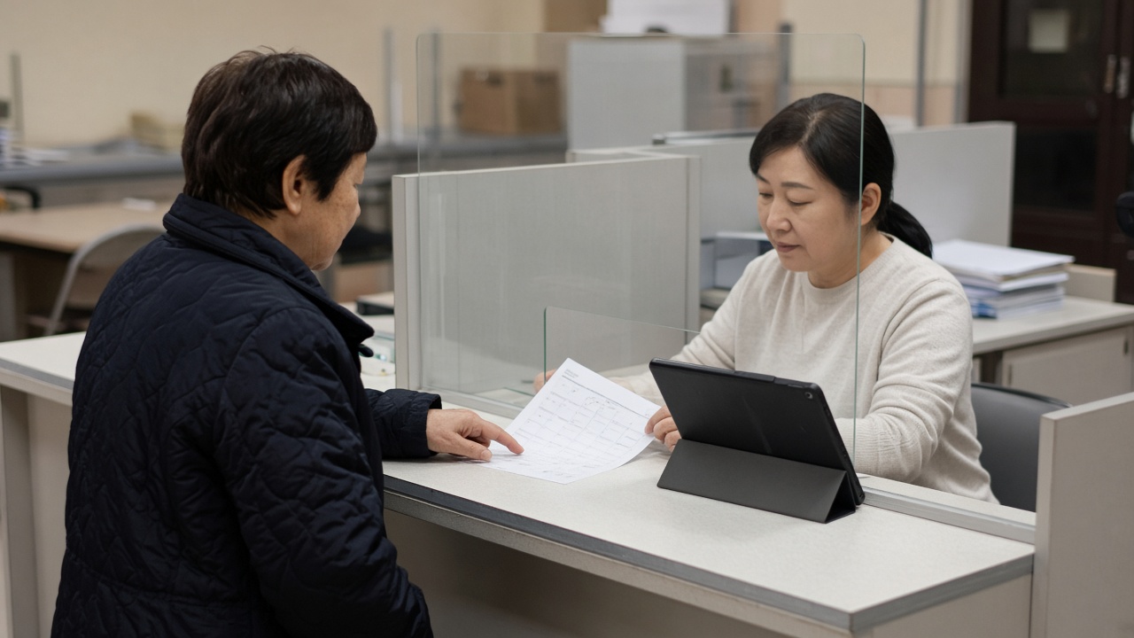 Municipal ward office service counter with a resident and clerk reviewing a printed calendar beside a tablet on a stand, afternoon fluorescent light, no logos or readable text.