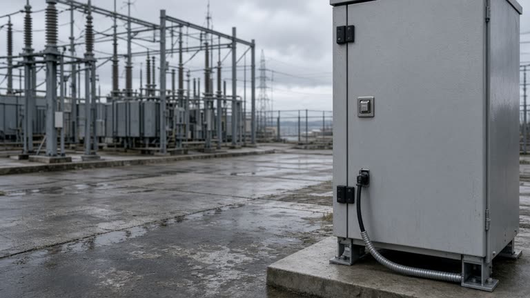 Electrical substation yard with a gray outdoor modem cabinet and fiber conduit, overcast coastal light, damp concrete, no logos or readable text.