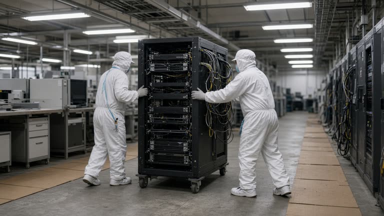 Technicians rolling a filled server rack through a Taiwan electronics plant burn-in aisle with cable harnesses and cardboard floor guards, industrial fluorescent lighting, no logos or readable text