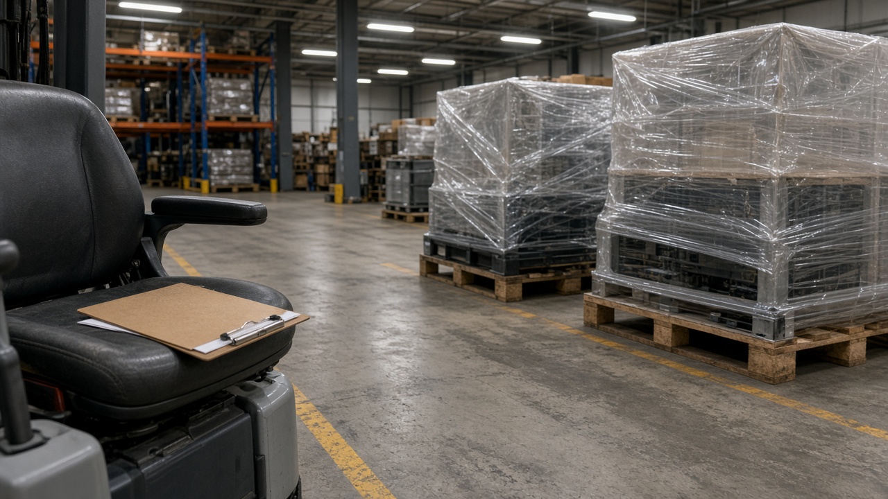 Warehouse aisle with shrink-wrapped semiconductor equipment on pallets and a clipboard on a forklift seat, industrial lighting and concrete floor, no logos or readable text.